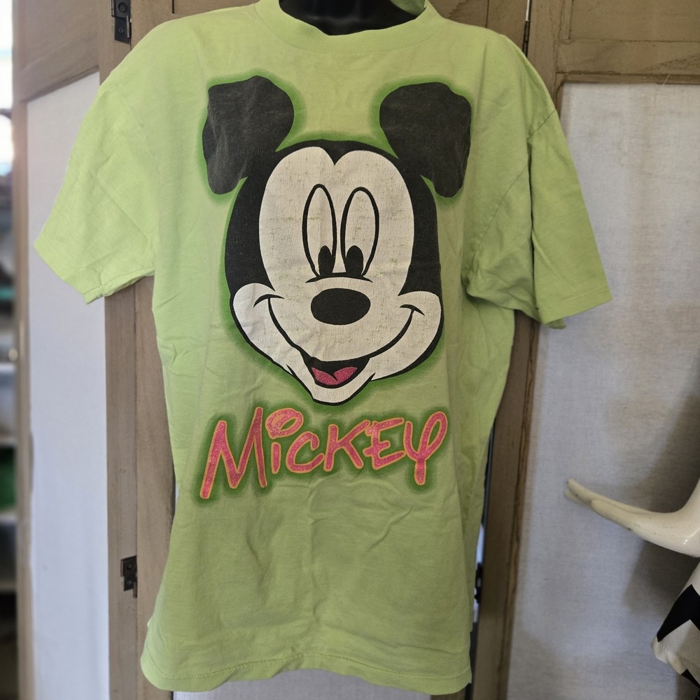 Vintage Disney Mickey Mouse T Shirt Big Print Logo Face Neon Green